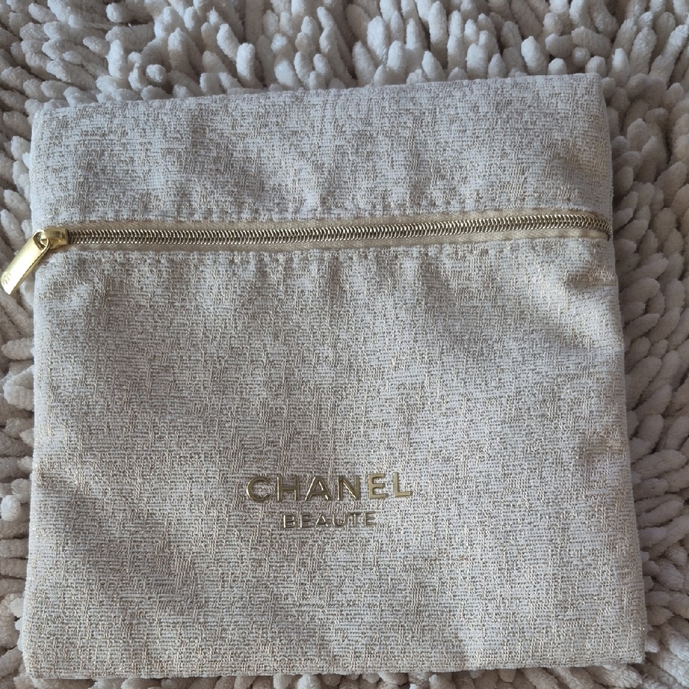 CHANEL Textured Beige Pouch with Gold Accents Makeup Pouch